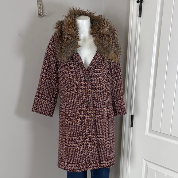 Anthropologie Tiny Umbered Houndstooth Pea Coat Boucle Fur Brown Purple Jacket S - Picture 5 of 16
